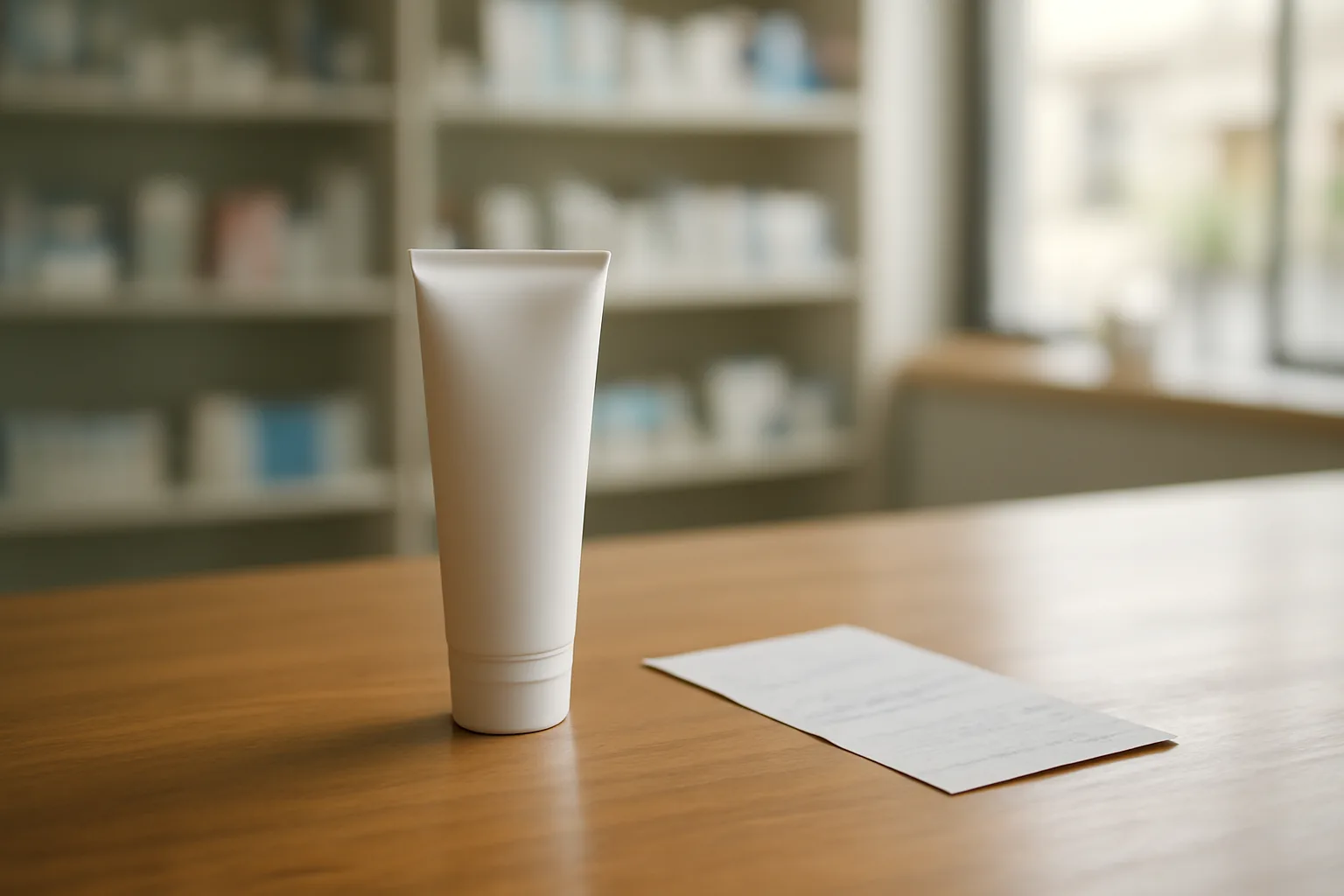 Topical cream tube on a pharmacy counter representing azelaic acid cost comparison