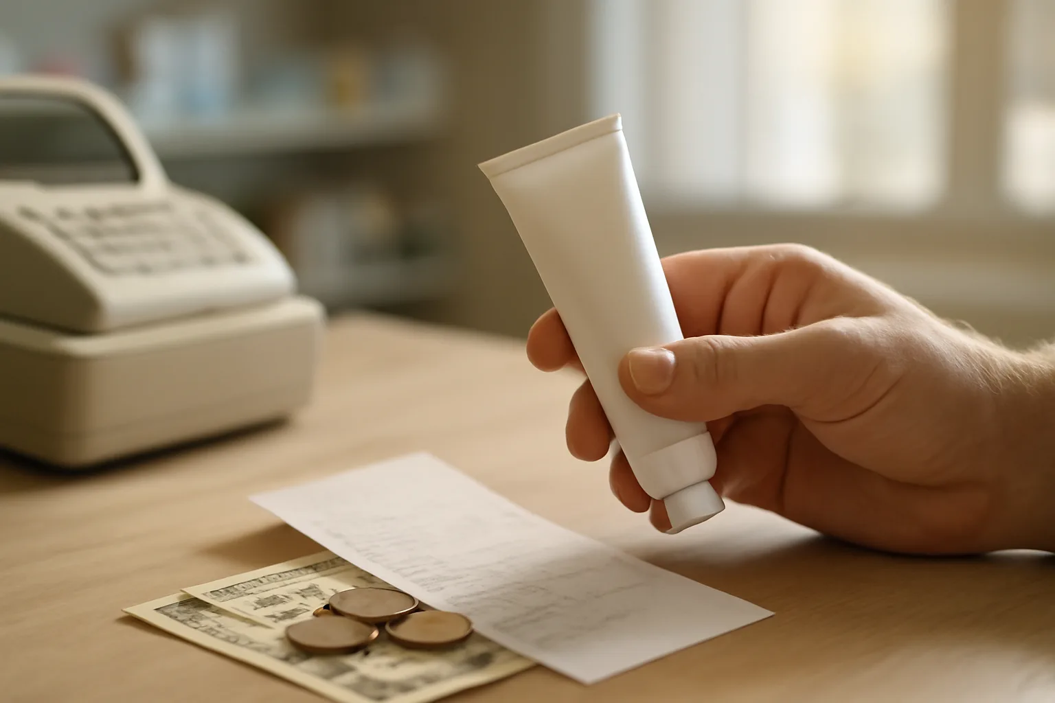 Hand holding an unlabeled cream tube at a pharmacy counter with a receipt