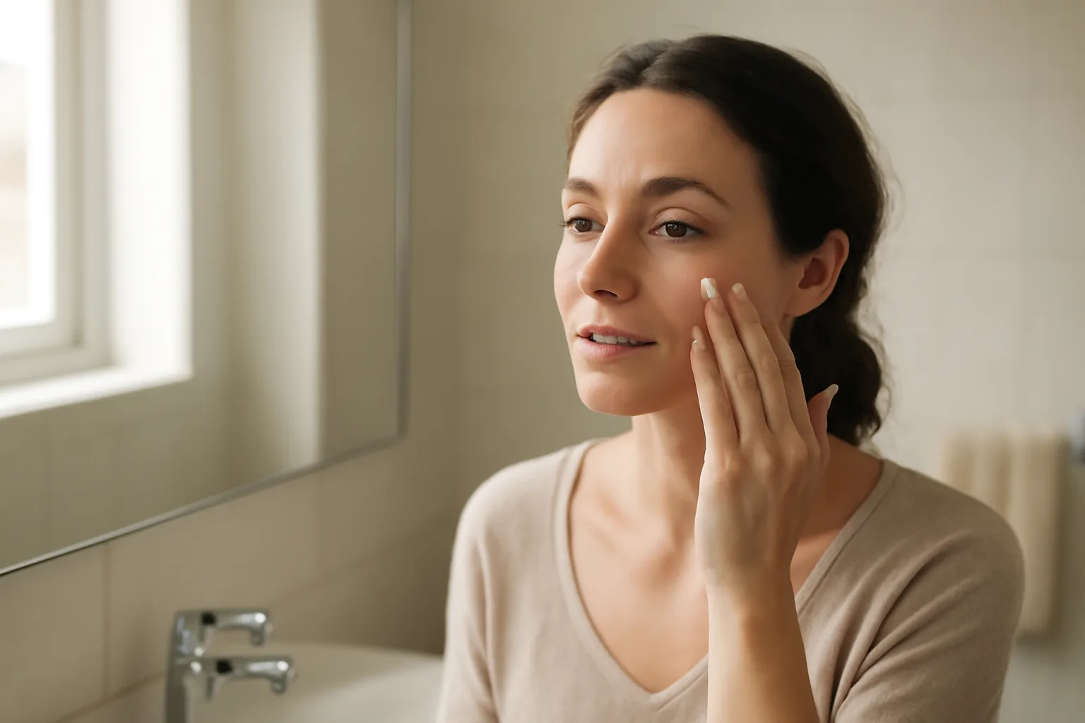 Woman applying facial cream in a sunlit bathroom mirror, illustrating azelaic acid skincare routine