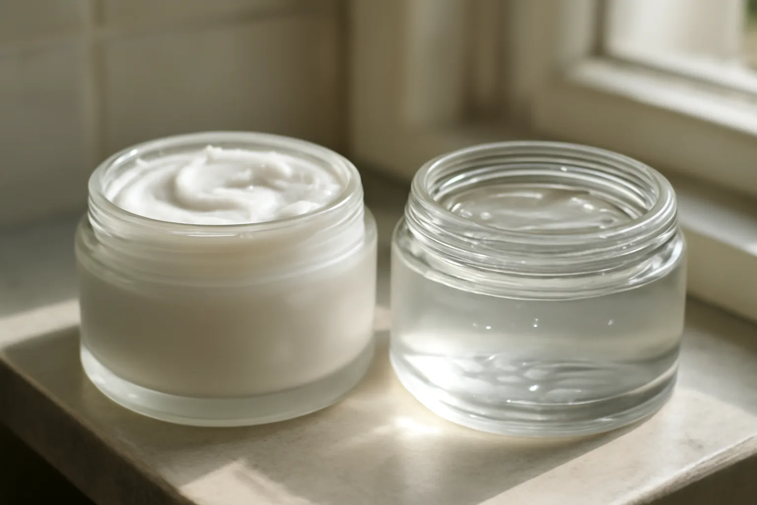 Two unlabeled skincare jars representing azelaic acid and benzoyl peroxide side by side