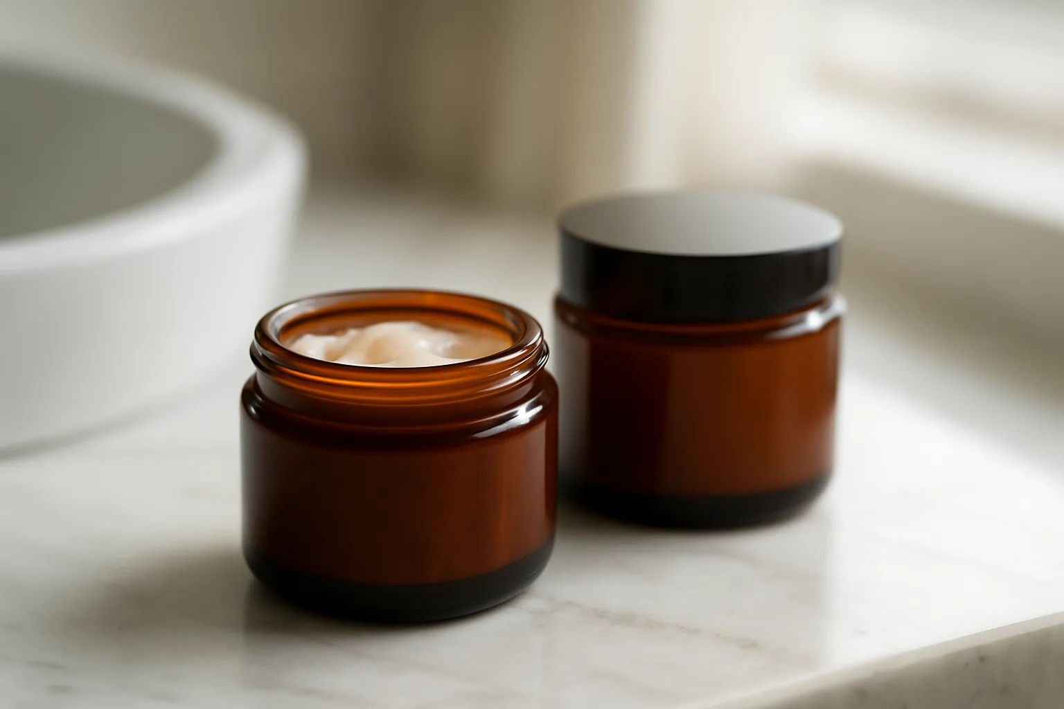 Two unlabeled skincare jars on a marble counter representing azelaic acid versus hydroquinone comparison