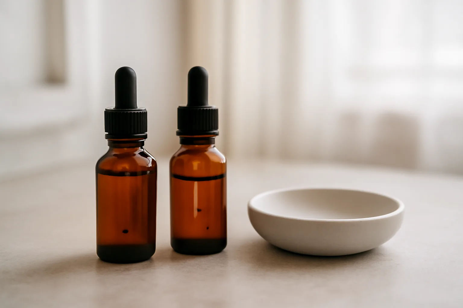 Two unlabeled topical treatment bottles beside a dish, comparing azelaic acid and metronidazole