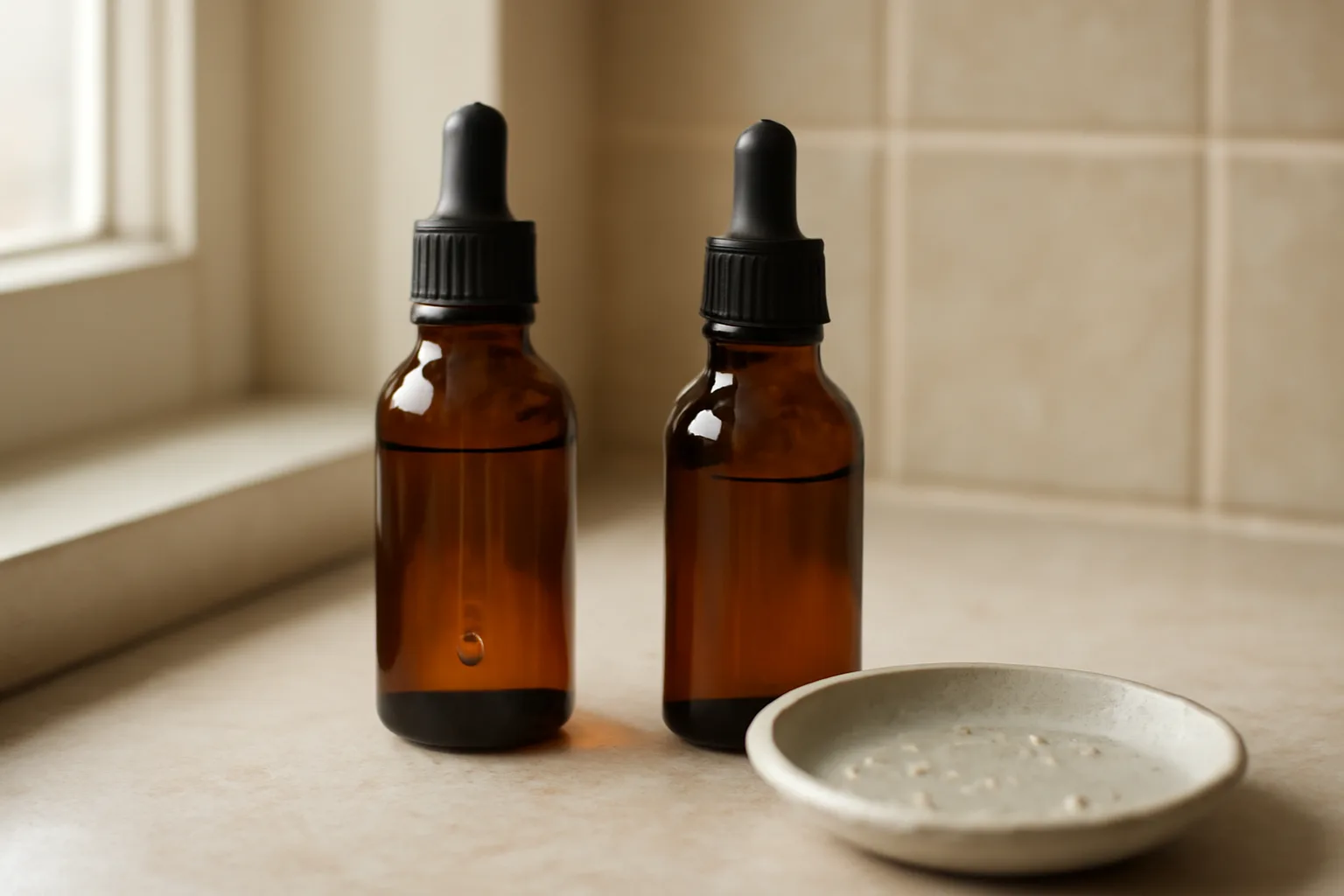 Two unlabeled skincare bottles representing azelaic acid vs niacinamide comparison