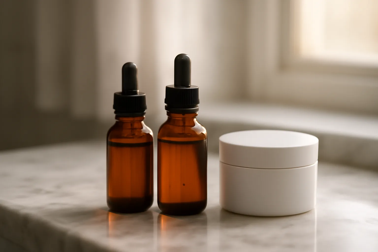 Two skincare bottles and a cream jar representing azelaic acid versus tretinoin comparison