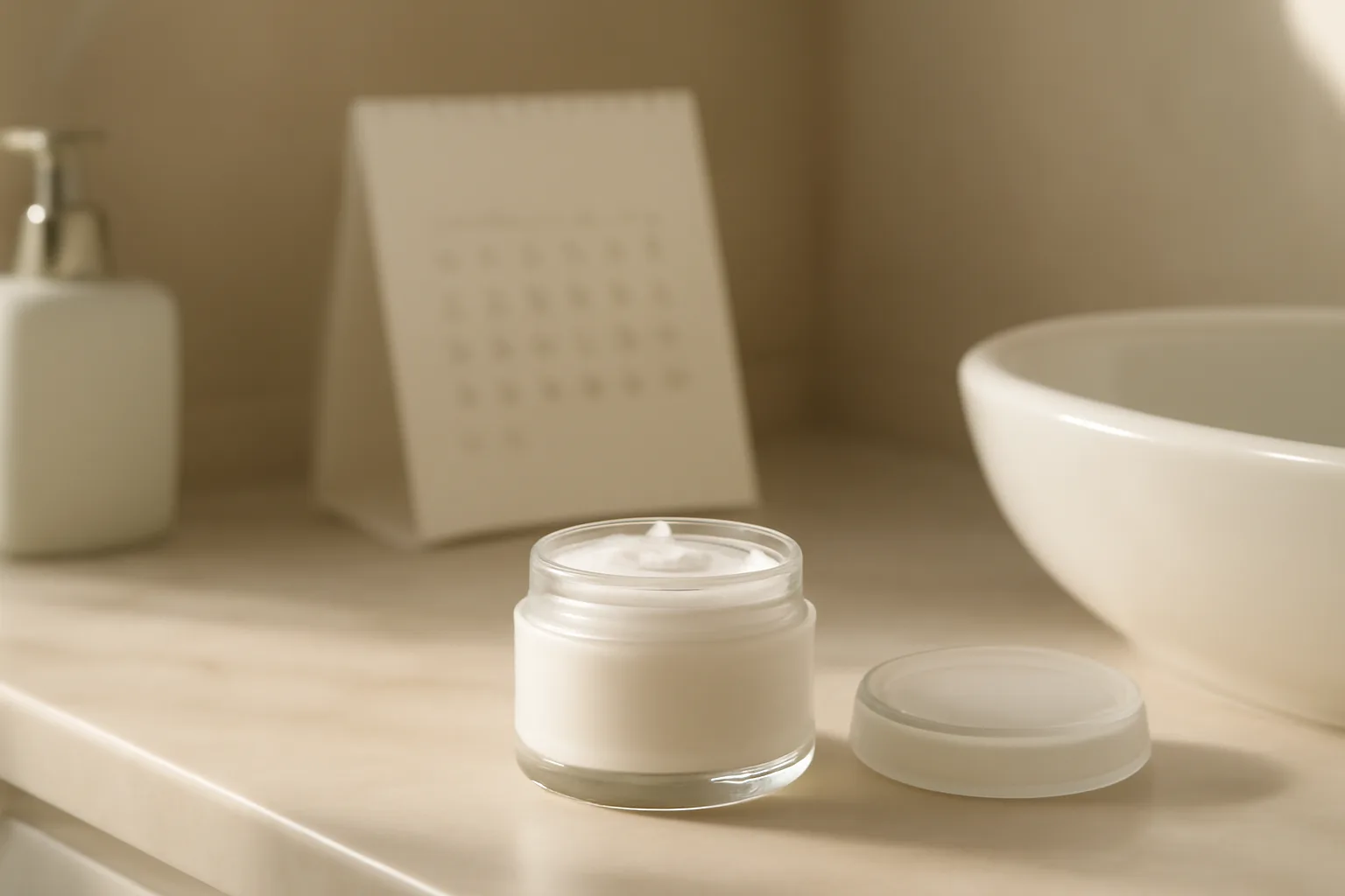 Skincare cream jar on bathroom counter representing an azelaic acid treatment timeline