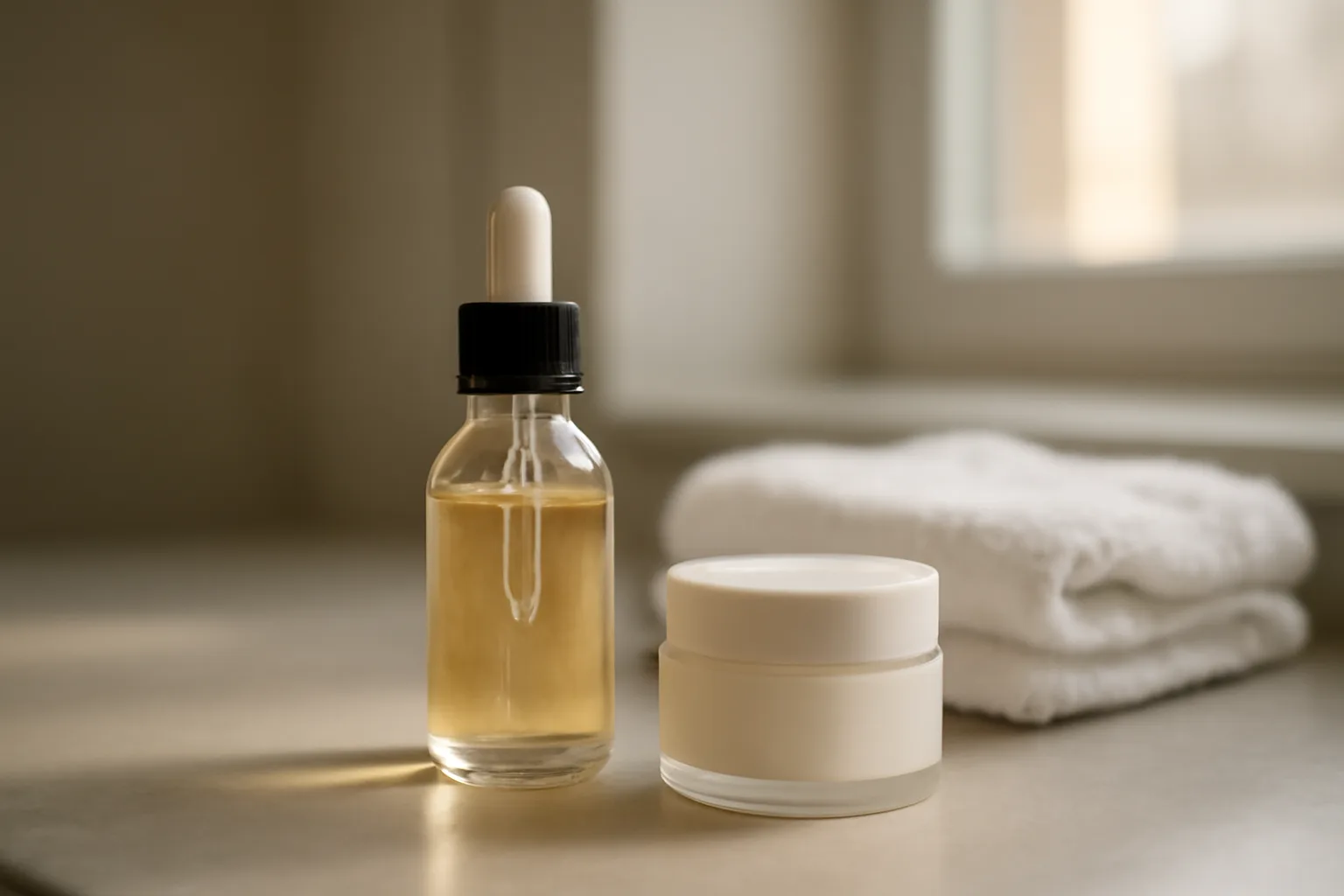 Skincare cream jar and dropper bottle on a clinic counter representing azelaic acid dosage strengths
