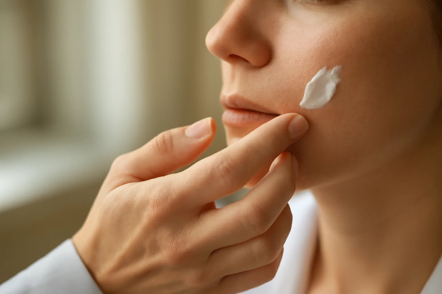 Dermatologist applying azelaic acid cream to a patient's cheek during a skin consultation