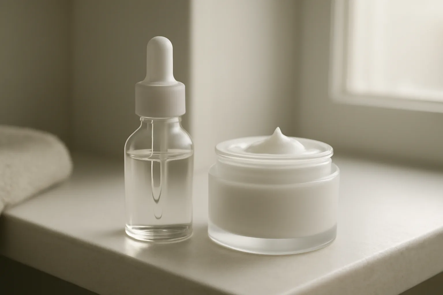 Skincare bottle and cream jar on a shelf representing azelaic acid treatment
