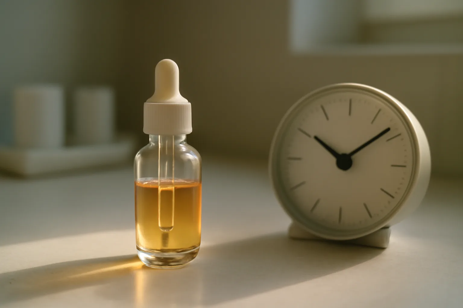 Dropper bottle and small clock on a clinic counter suggesting azelaic acid half life