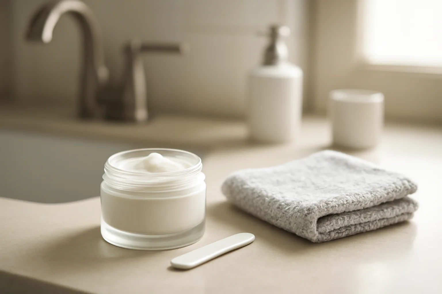 Jar of topical cream and washcloth on a bathroom counter in morning light