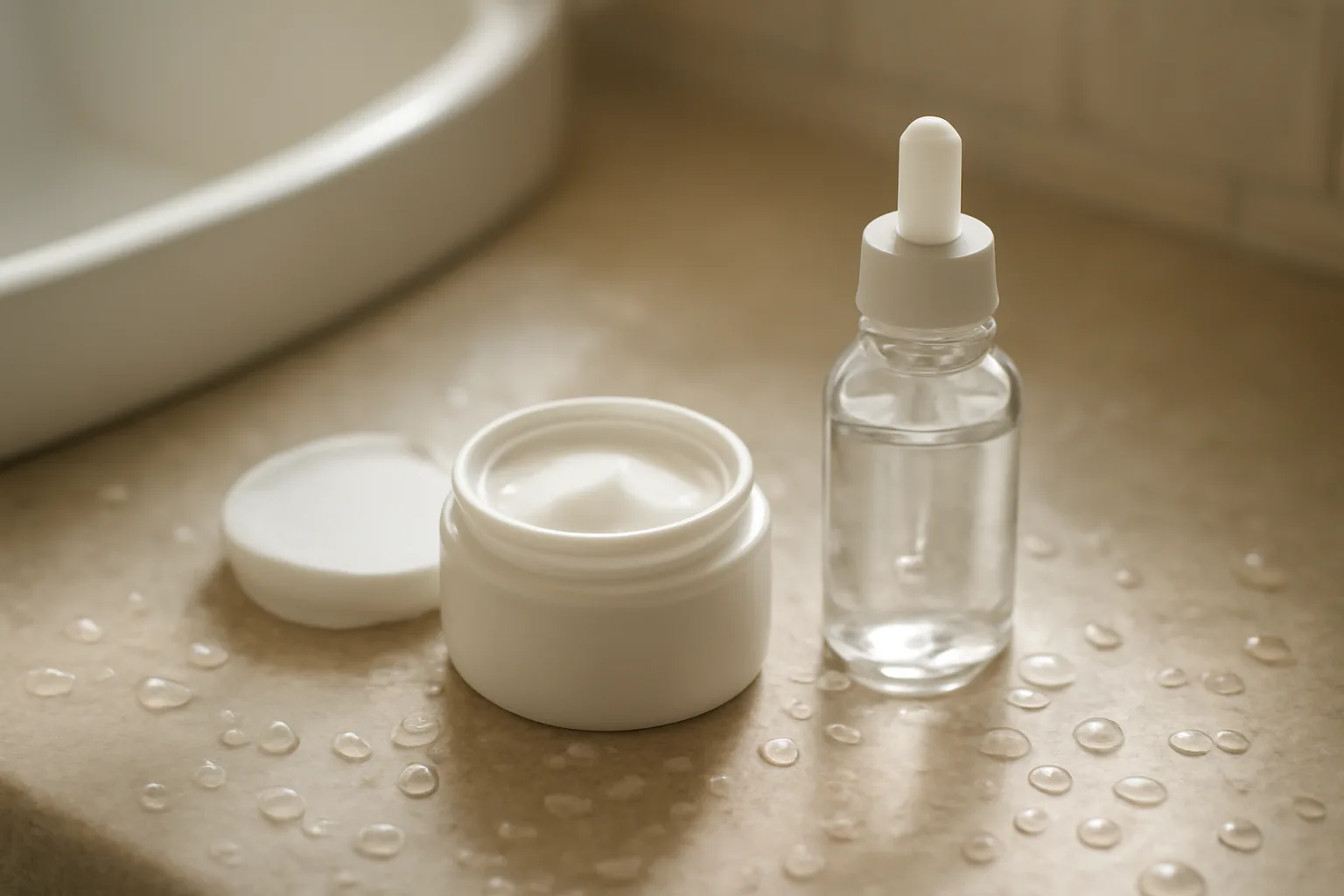 Skincare jar and dropper bottle on a bathroom counter in morning light