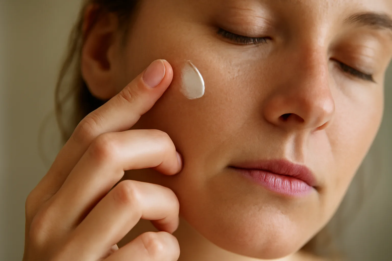 Woman applying azelaic acid cream to cheek in natural morning light