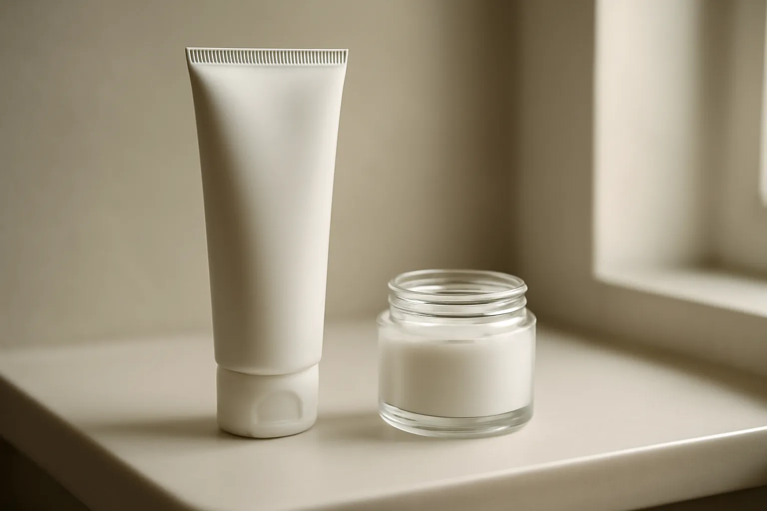 Unlabeled cream tube and jar on a shelf, representing azelaic acid topical products