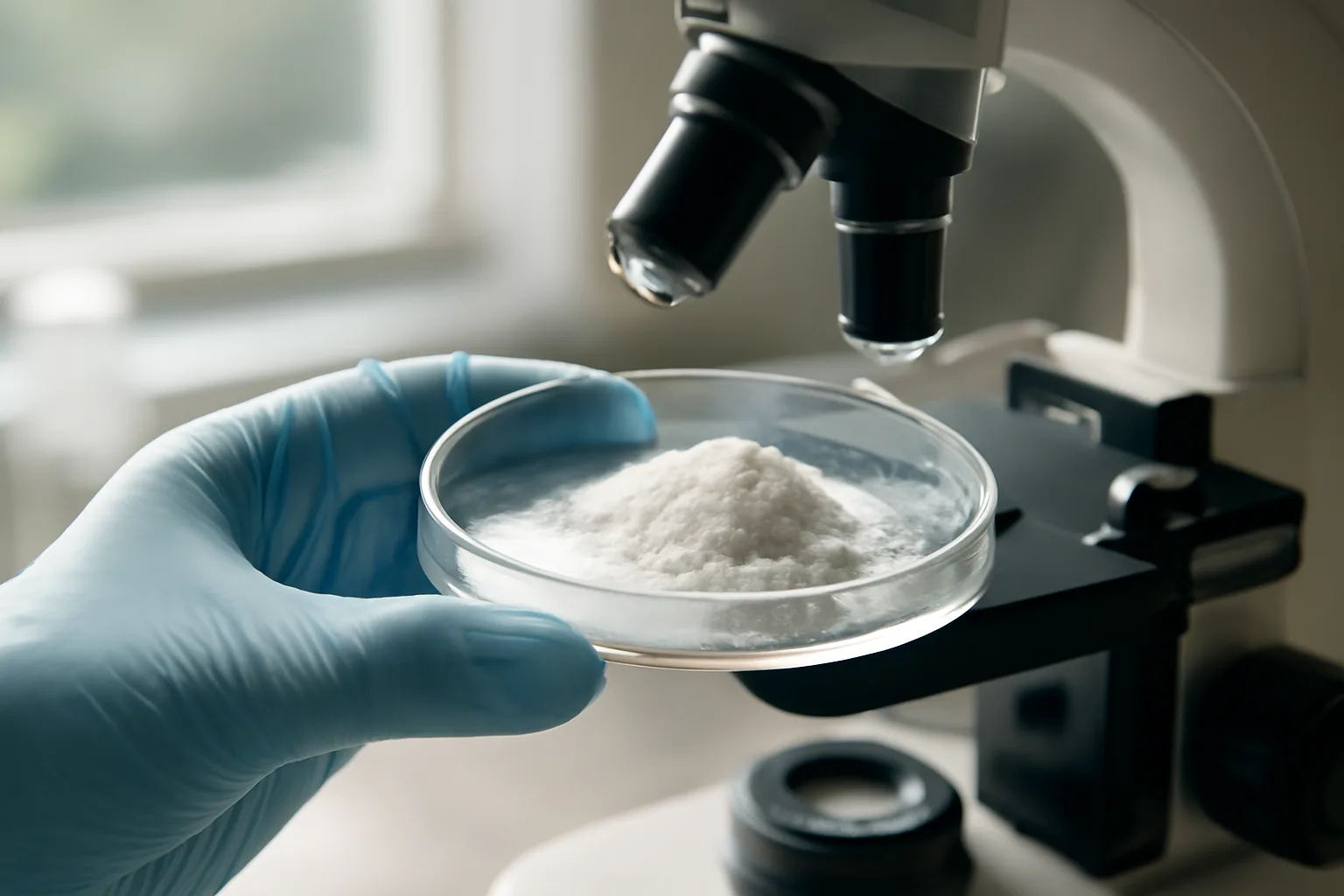 Gloved hand holding petri dish of azelaic acid crystals in a lab