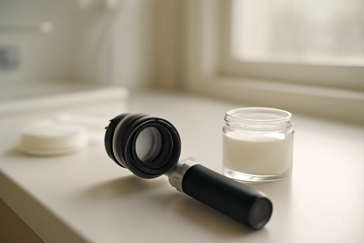 Dermatology exam room counter showing skincare cream jar and dermatoscope in morning light