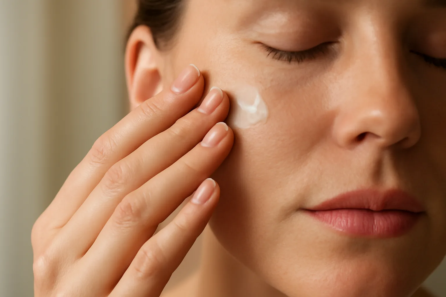 Woman applying azelaic acid cream to cheek during first month of treatment