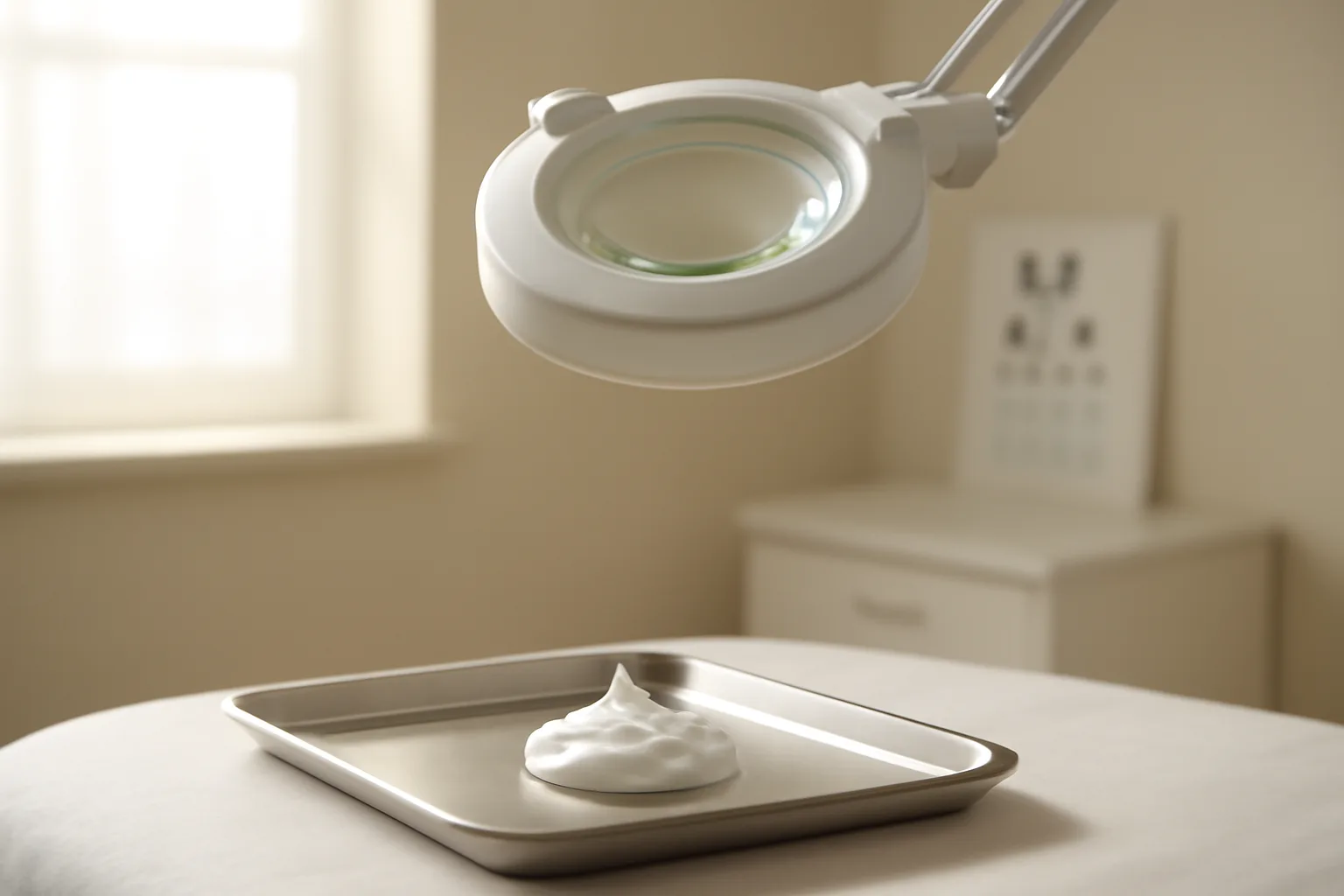 Dermatology exam room tray with cream sample, evoking azelaic acid human studies research