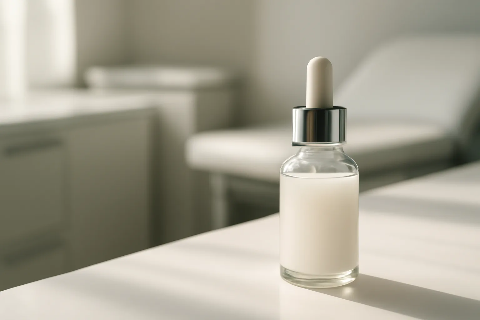 Dropper bottle of translucent cream on a clinic counter representing azelaic acid mechanism of action