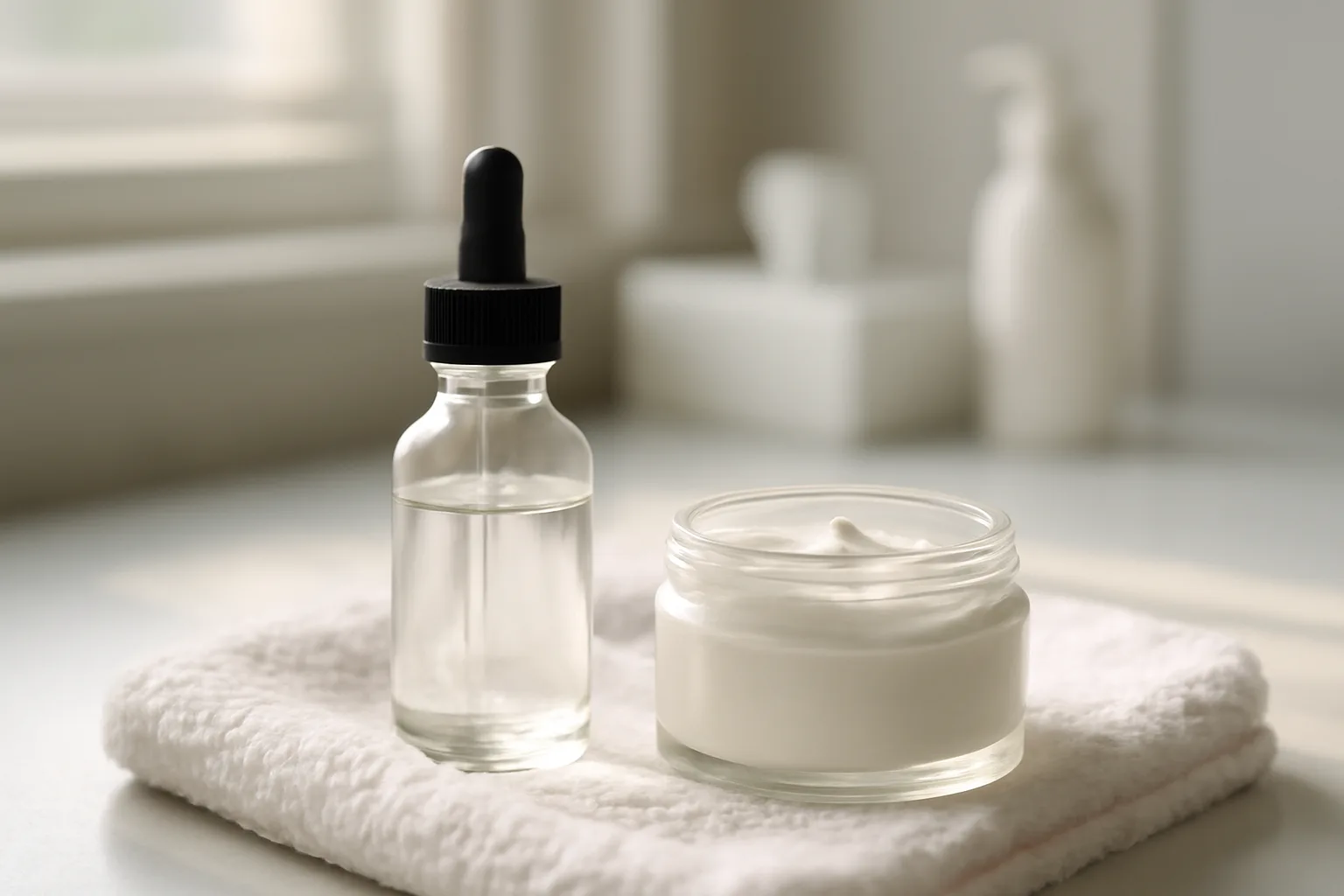 Skincare bottle and cream jar on a towel representing azelaic acid myths vs facts