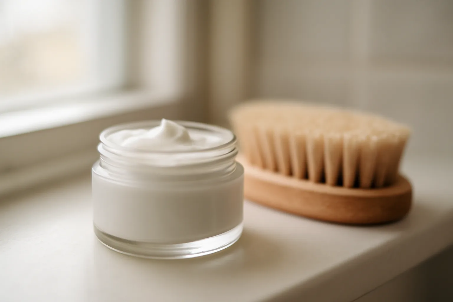 Jar of azelaic acid cream on a bathroom shelf in morning light