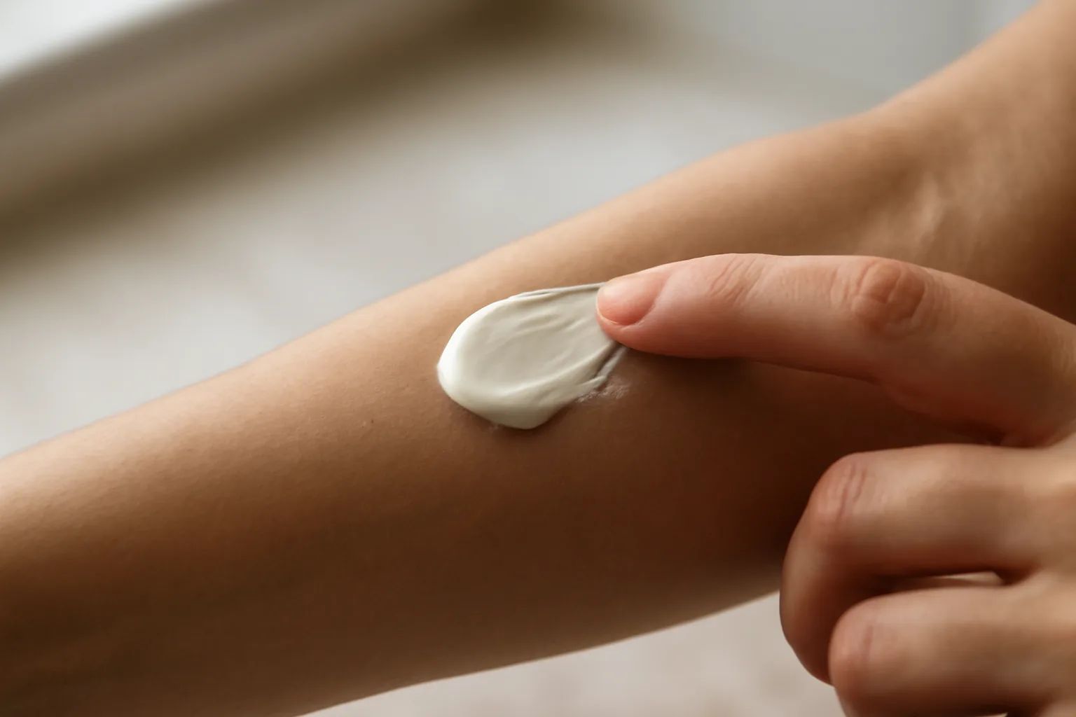 Fingertip applying azelaic acid cream to skin near a bathroom sink