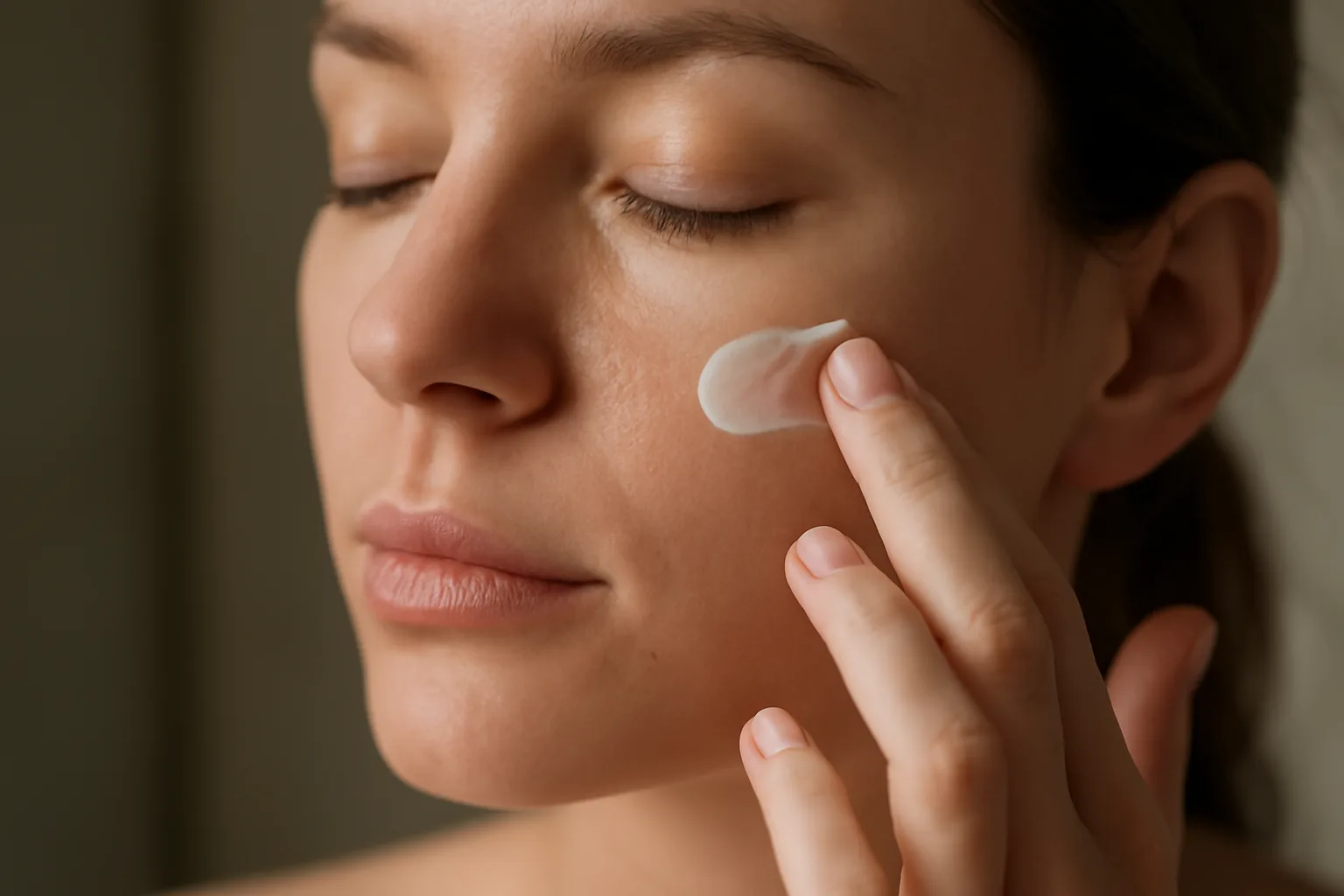 Hand applying azelaic acid cream to cheek in soft natural light