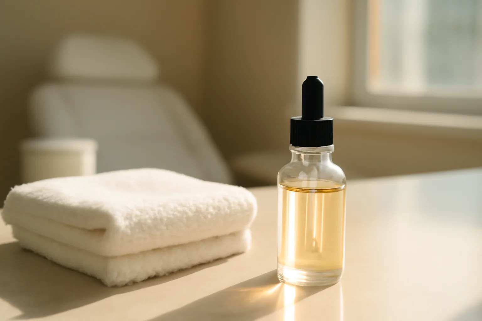 Dermatology treatment room counter with dropper bottle representing azelaic acid research