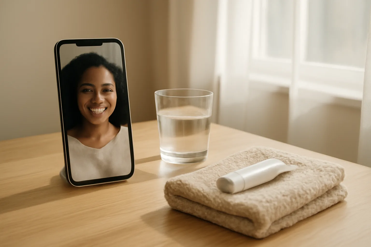 Smartphone on a desk during a telehealth video consultation with a skincare tube nearby