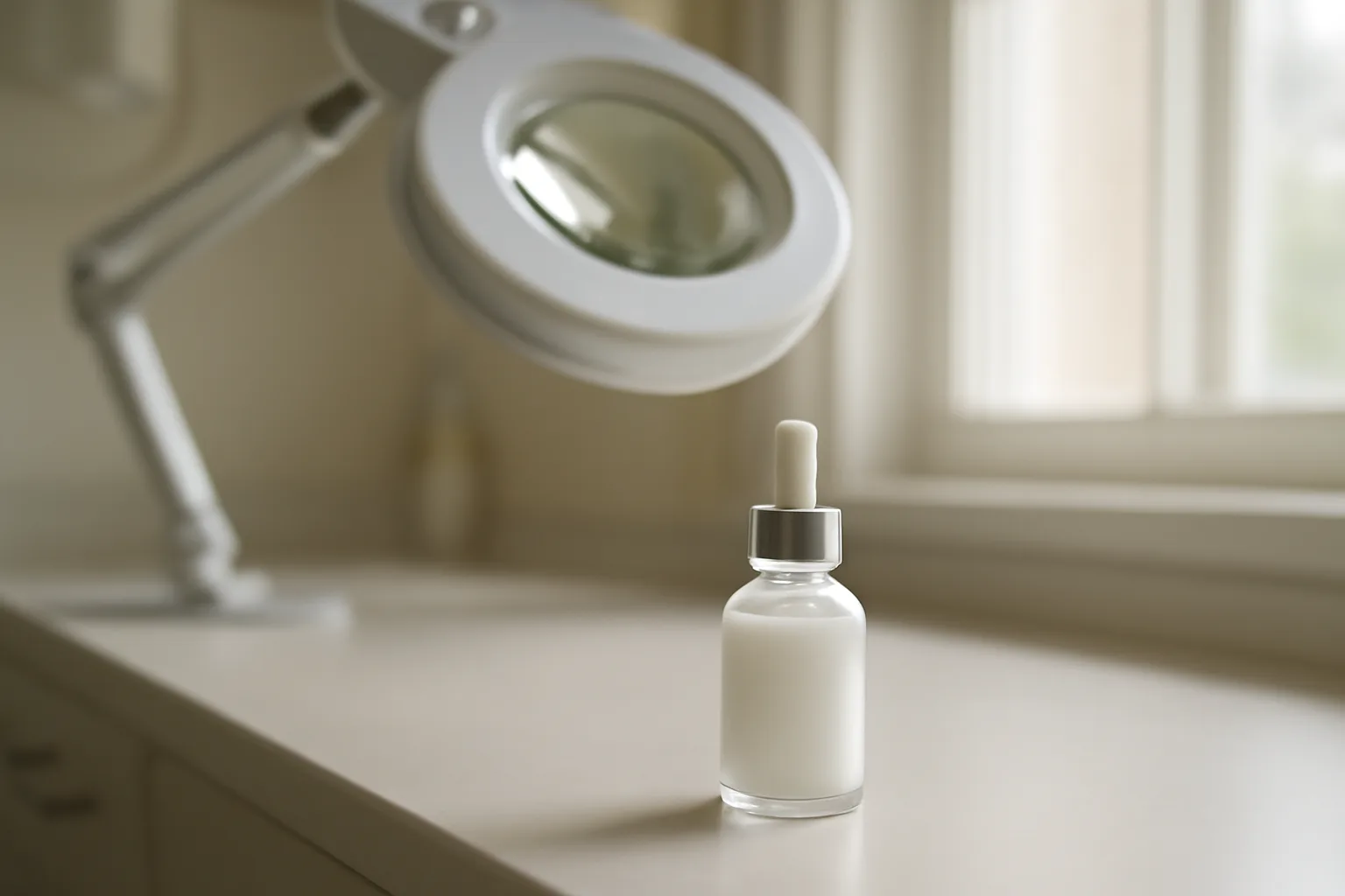 Dermatology exam room counter with skincare cream bottle under natural light