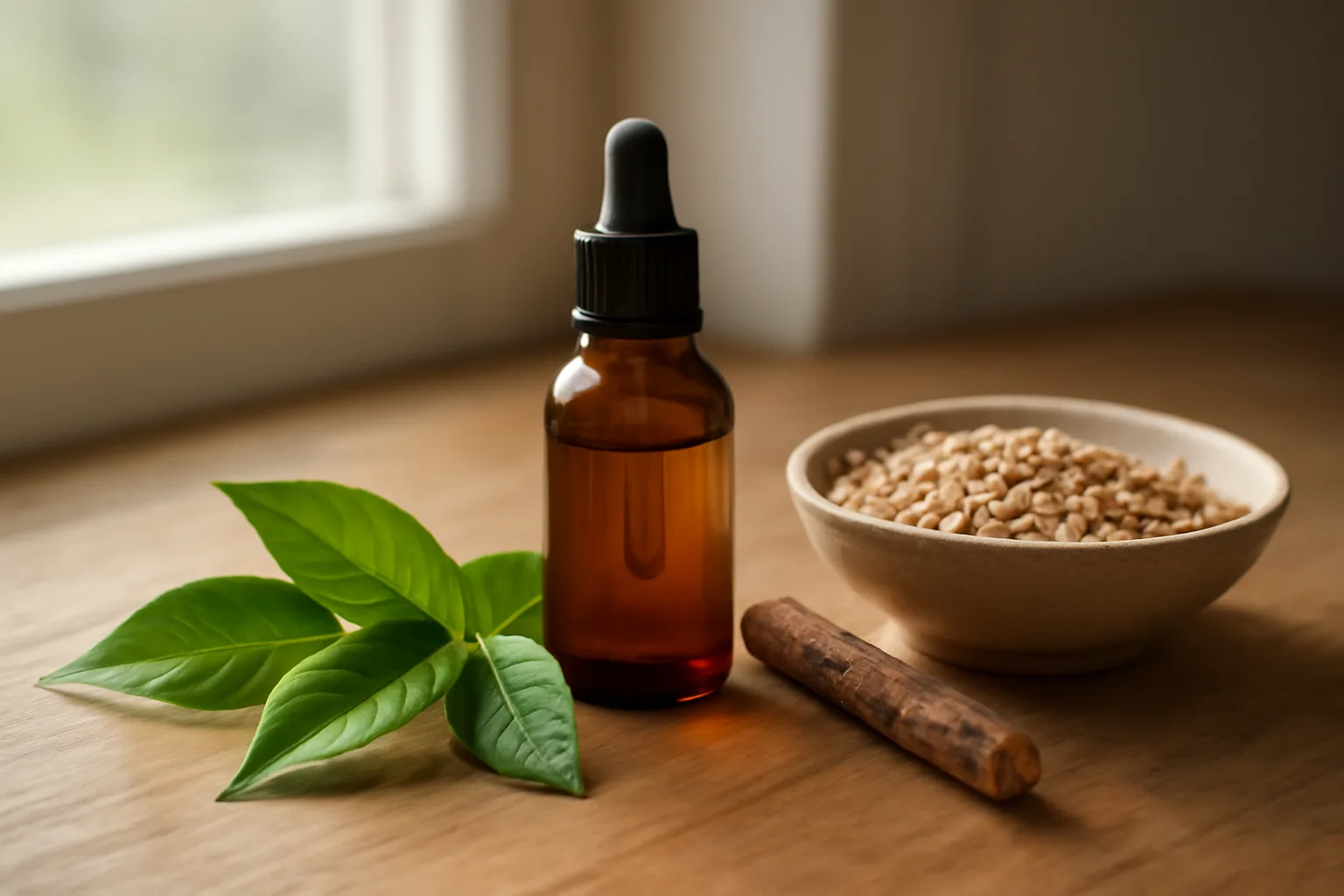Wheat grains, licorice root, and green tea leaves beside a dropper bottle, natural azelaic acid alternatives