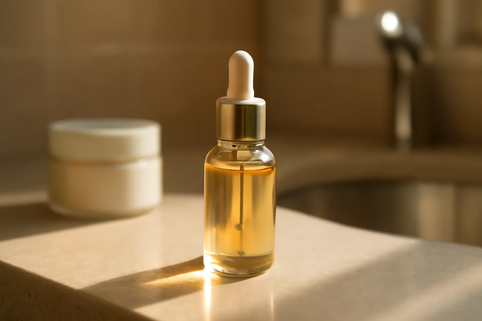 Skincare bottle and cream jar on a sunlit dermatology counter