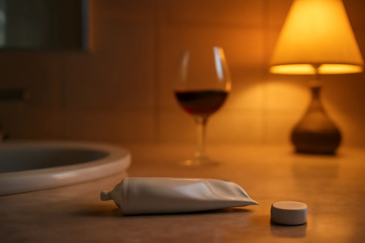 Skincare cream tube on a bathroom counter with a glass of wine in soft background light