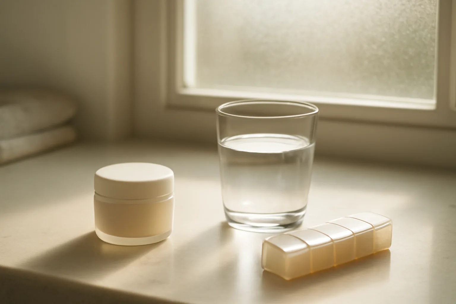 Bathroom counter with unlabeled skincare cream jar and a daily pill organizer in morning light