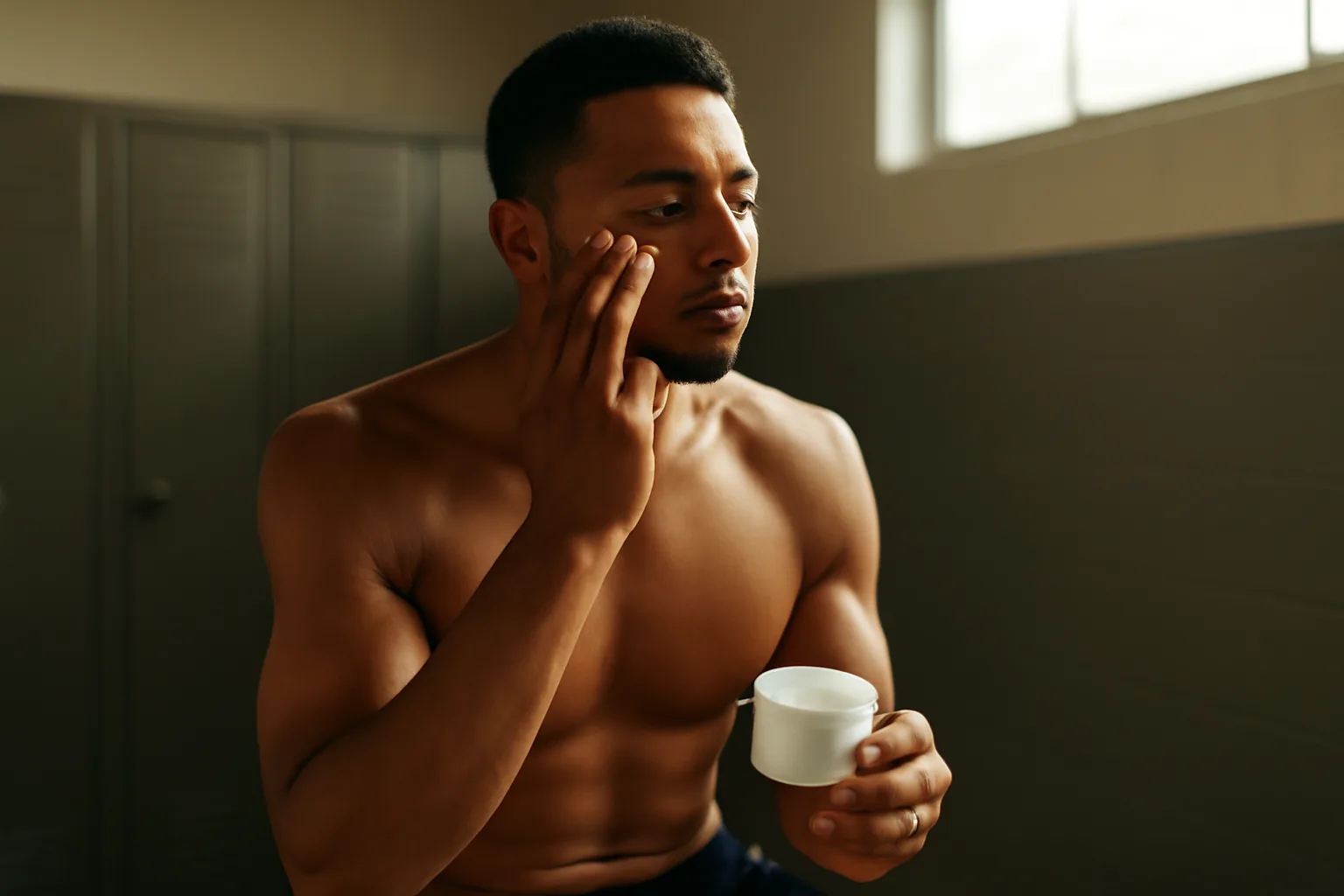 Athlete applying facial cream in a sunlit locker room before training