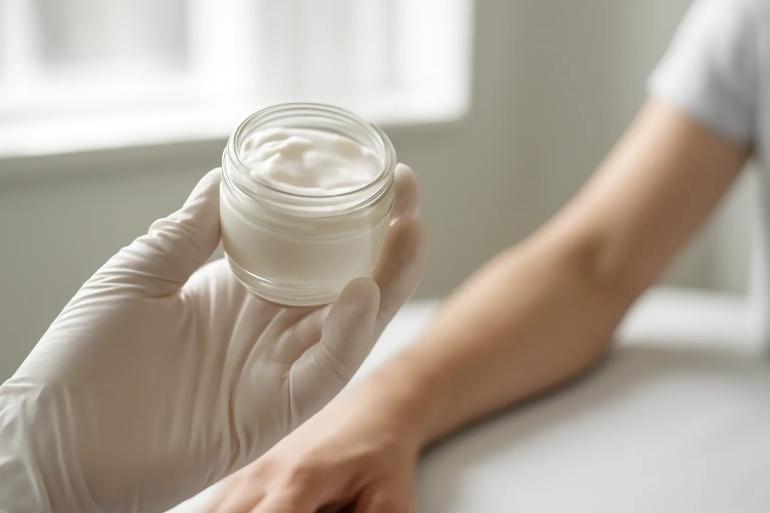Gloved hand examining a jar of azelaic acid cream in clinic light
