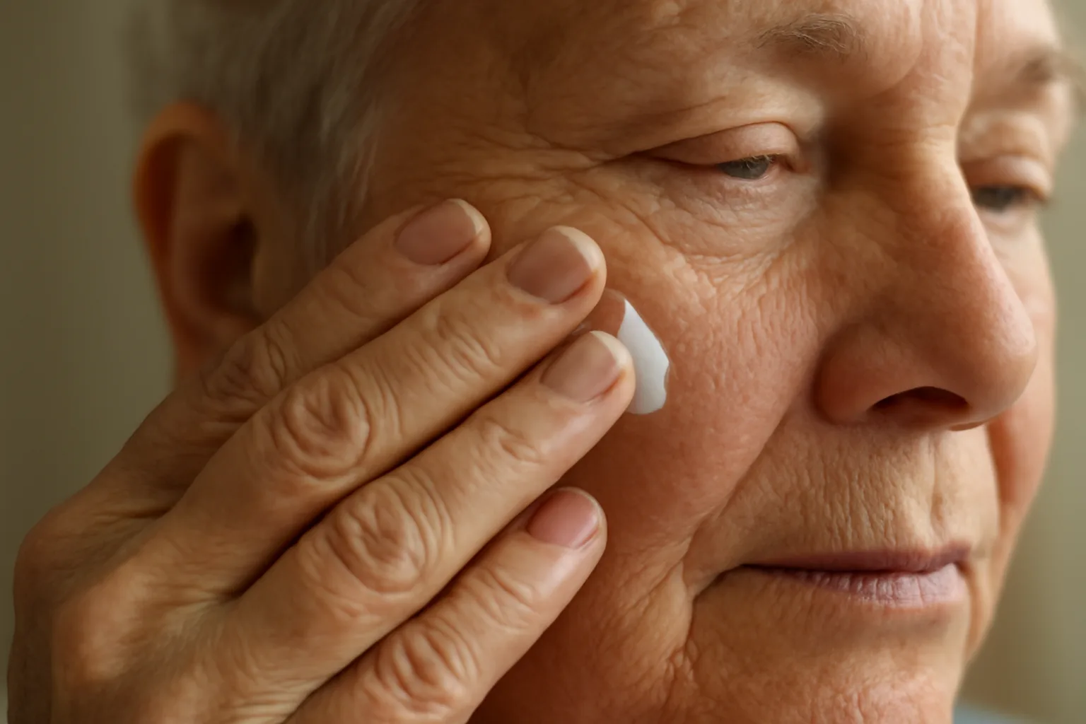 Older adult applying azelaic acid cream to cheek in natural morning light