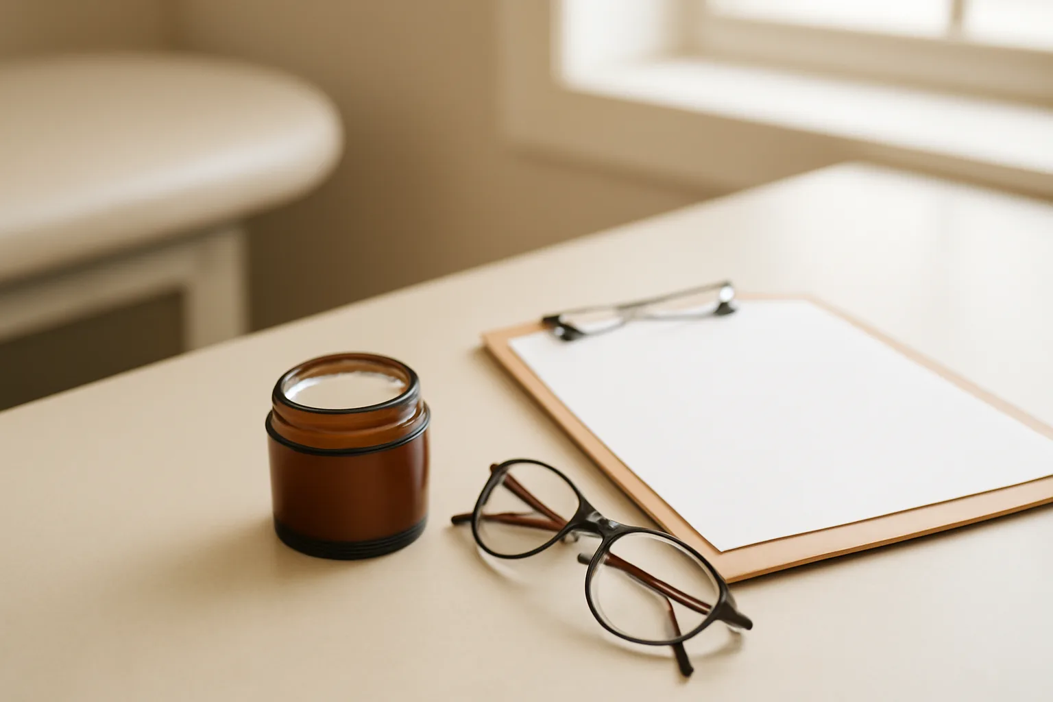 Unlabeled skincare cream jar and blank prescription pad on a clinic counter
