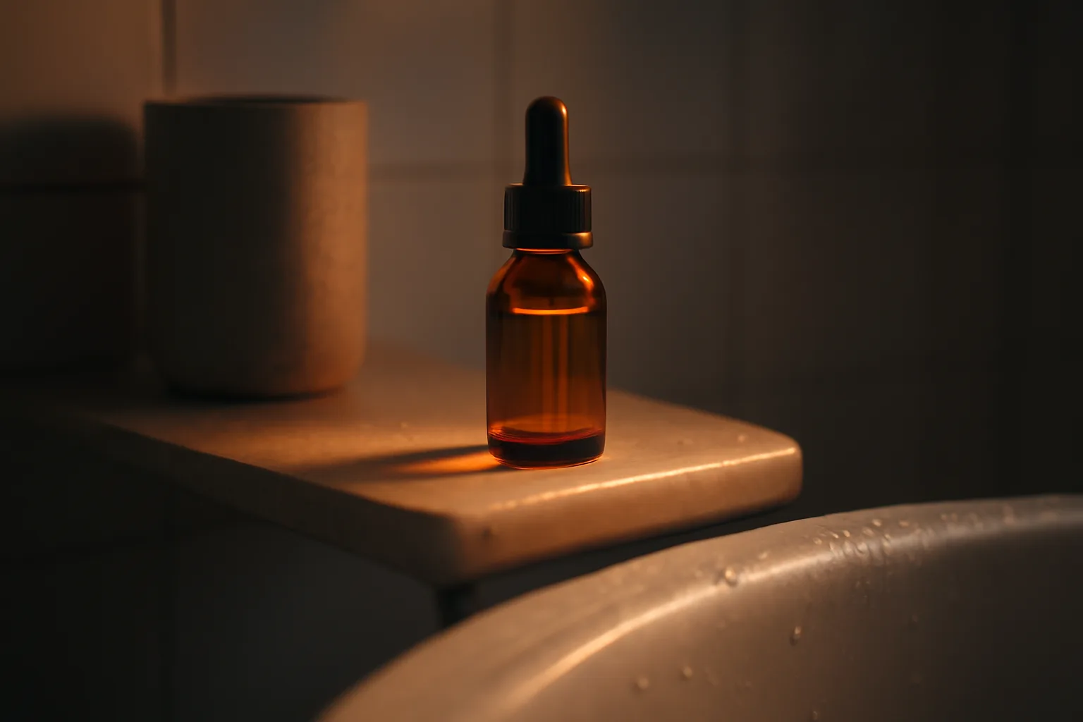 Glass dropper bottle on bathroom shelf representing long term azelaic acid skincare use