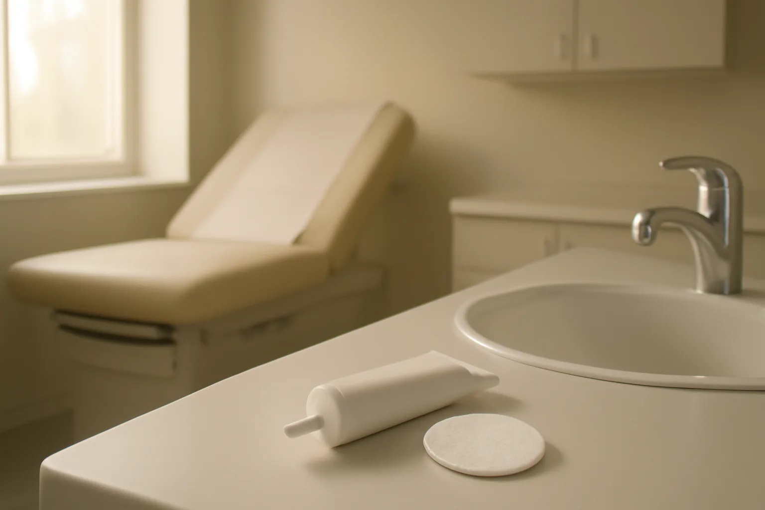 Dermatology exam room counter with cream tube, illustrating azelaic acid prescription requirements