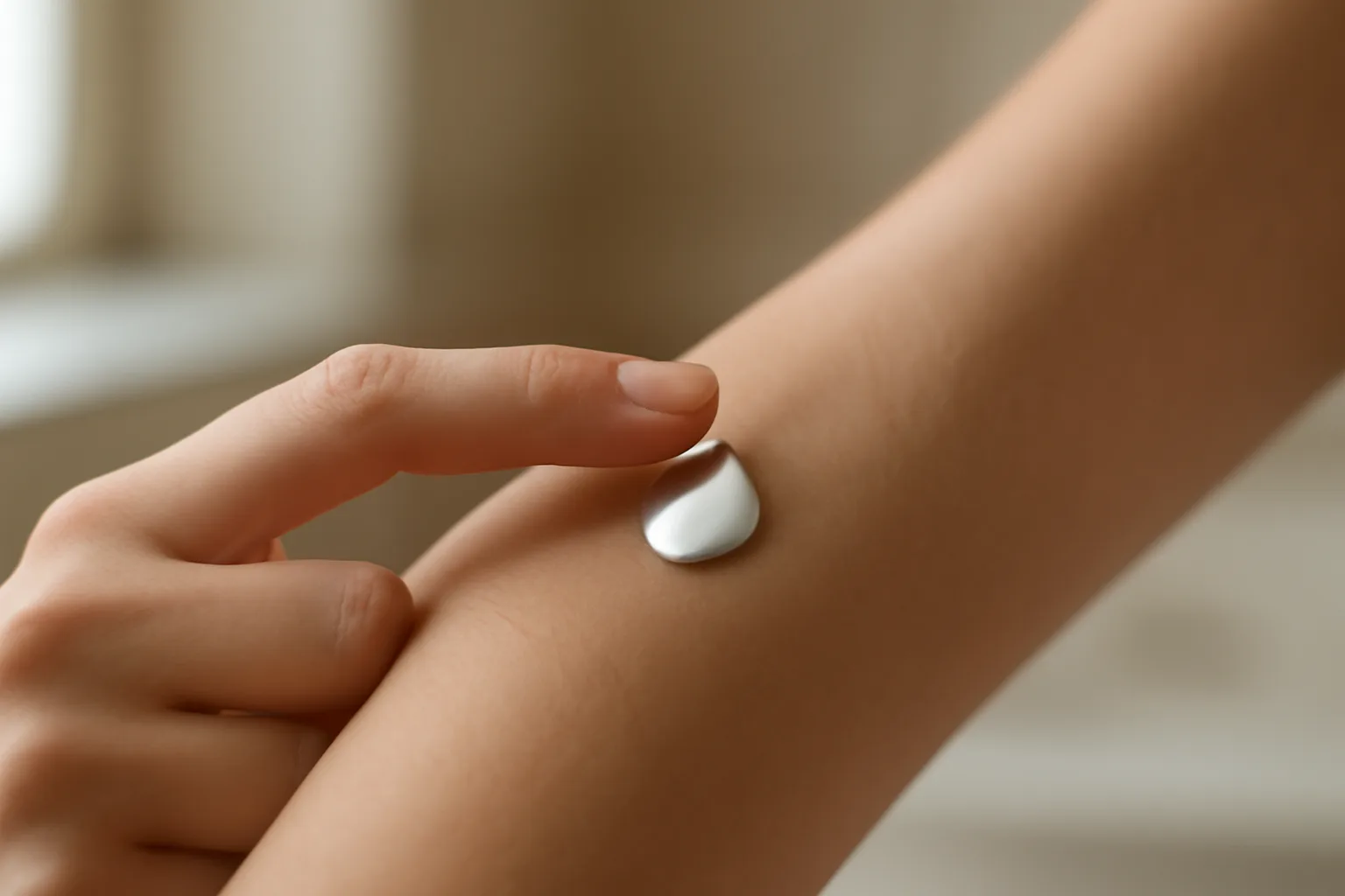Fingertip applying azelaic acid cream to skin in soft natural light