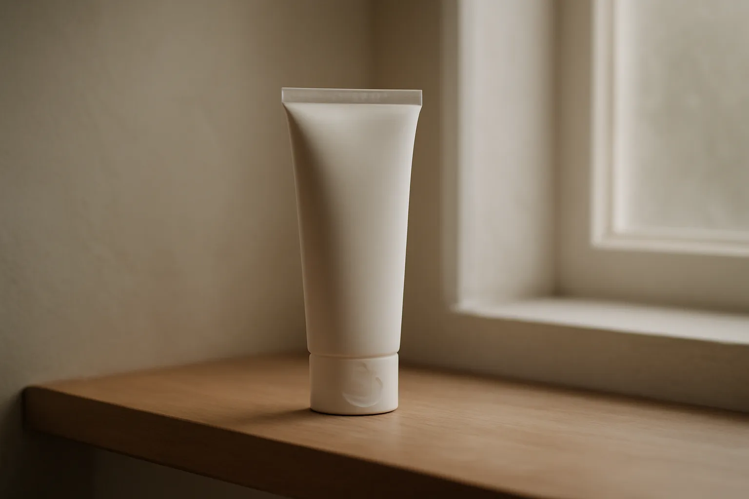 Capped cream tube stored on a shaded wooden bathroom shelf away from light