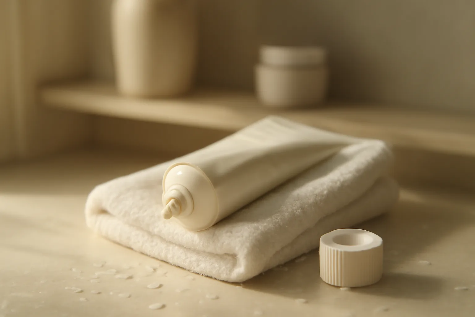 Half-used skincare cream tube on a bathroom counter in morning light