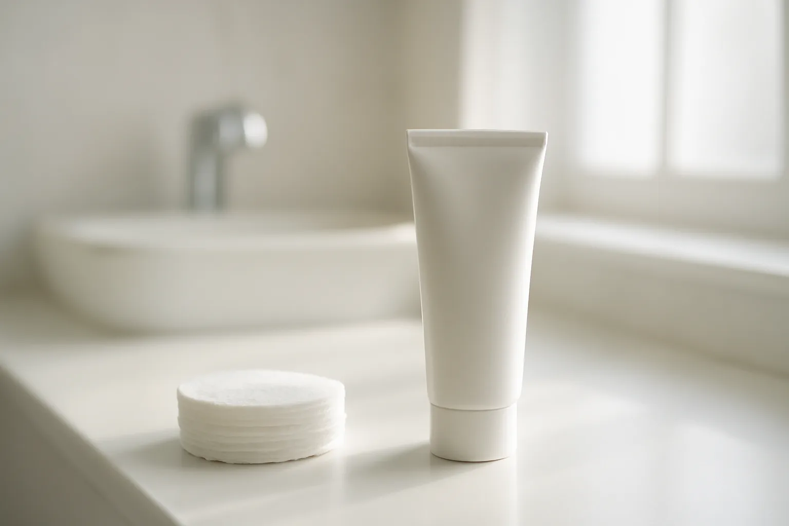 Skincare cream tube and cotton pads on a bright clinic counter