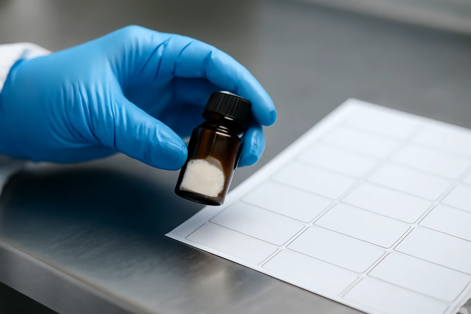 Lab technician examining a batch sample of azelaic acid powder during quality testing