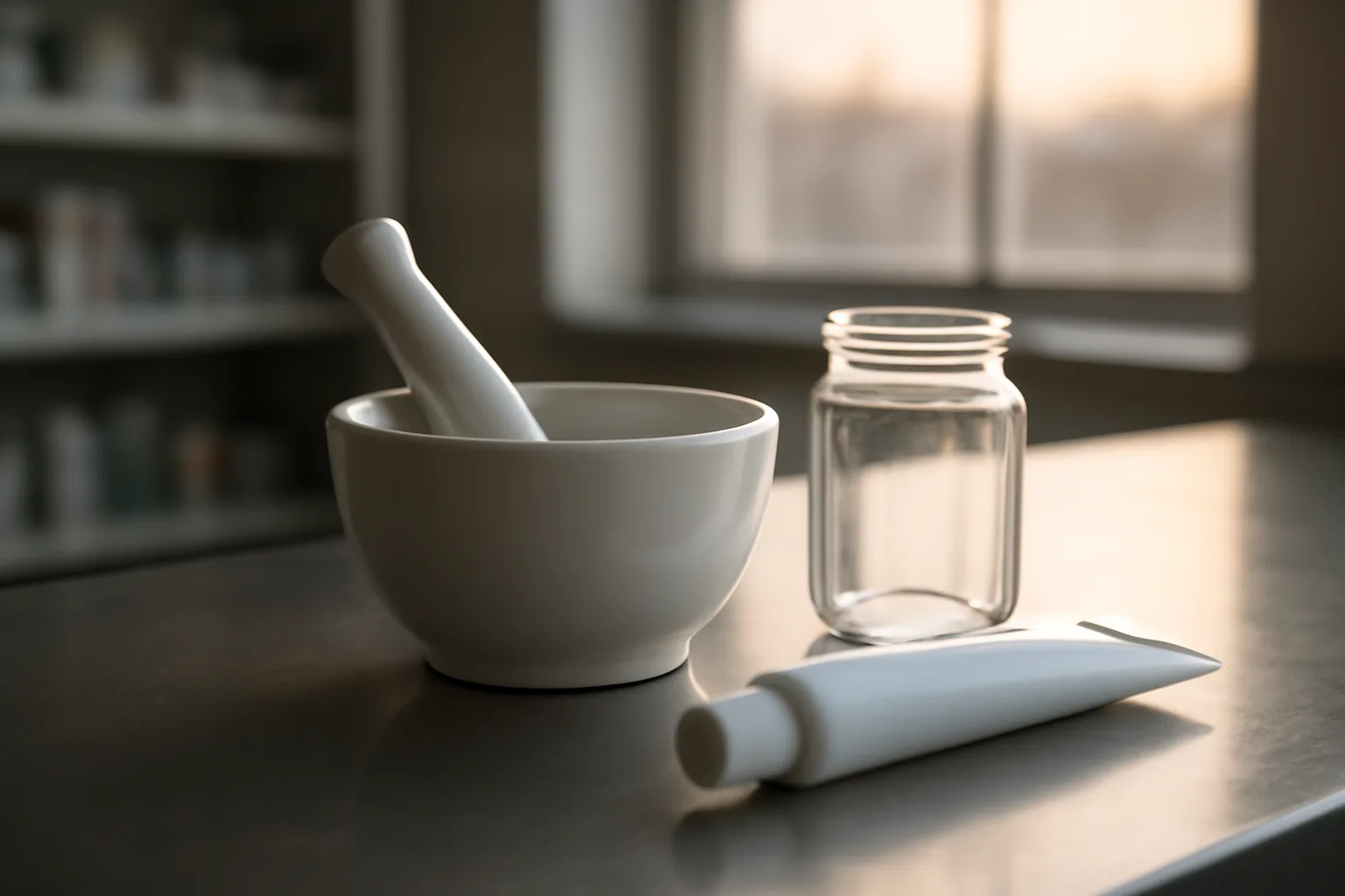 Compounding pharmacy bench with mortar, pestle, and cream tube for azelaic acid