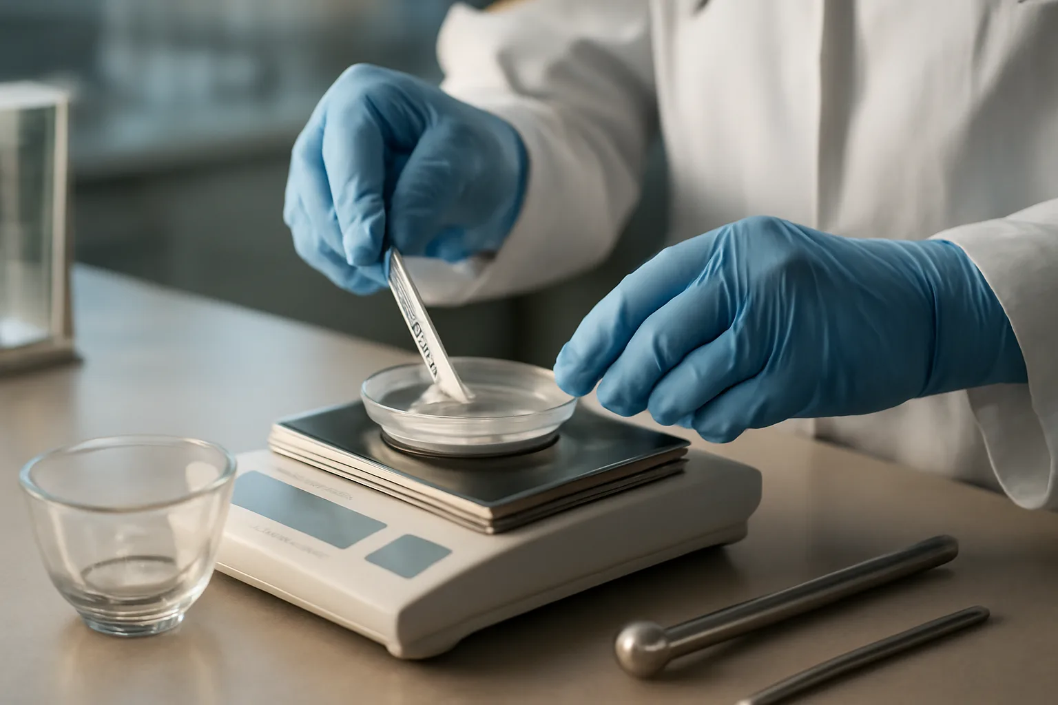 Pharmacist weighing compound ingredients on a scale in a compounding lab