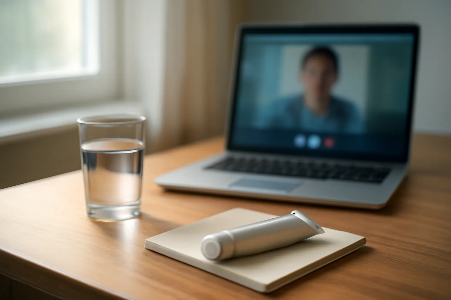 Laptop and skincare tube on a desk representing an online azelaic acid prescription consult