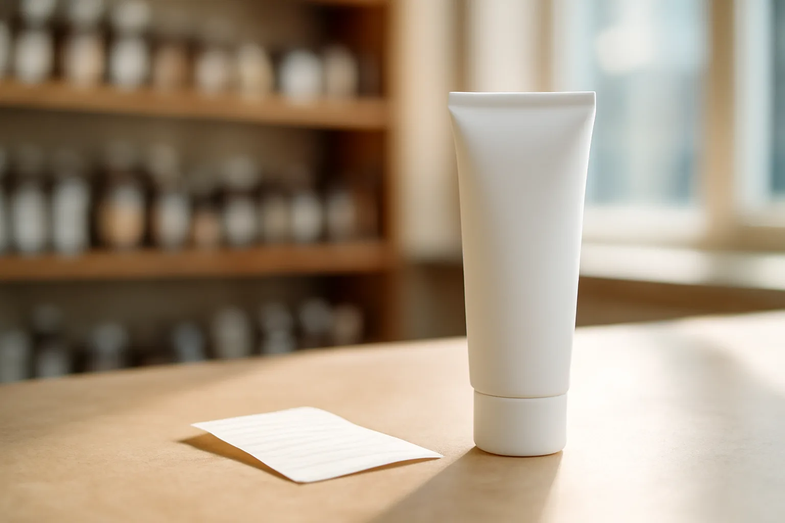 Topical cream tube on a pharmacy counter representing azelaic acid price without insurance