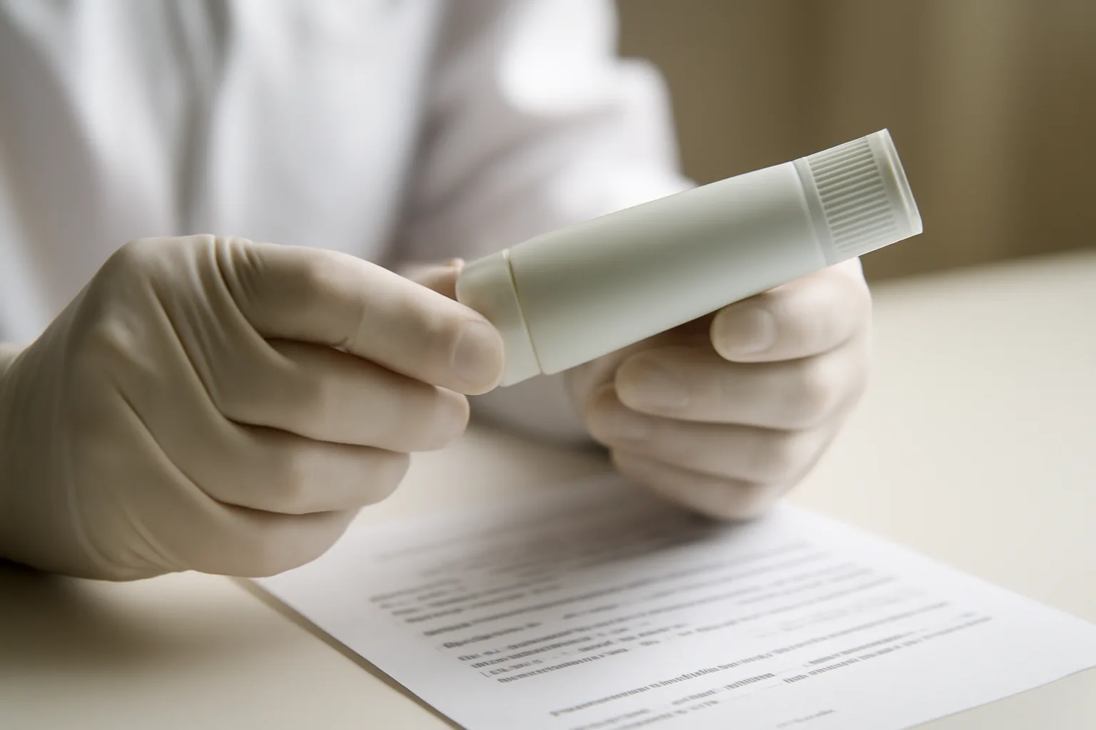Pharmacist checking a prescription cream tube against paperwork under counter light