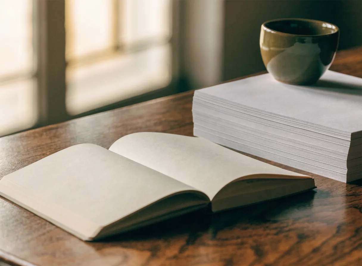 An open notebook with blank pages beside a stack of plain paper and a small olive-bronze ceramic cup on a walnut desk.